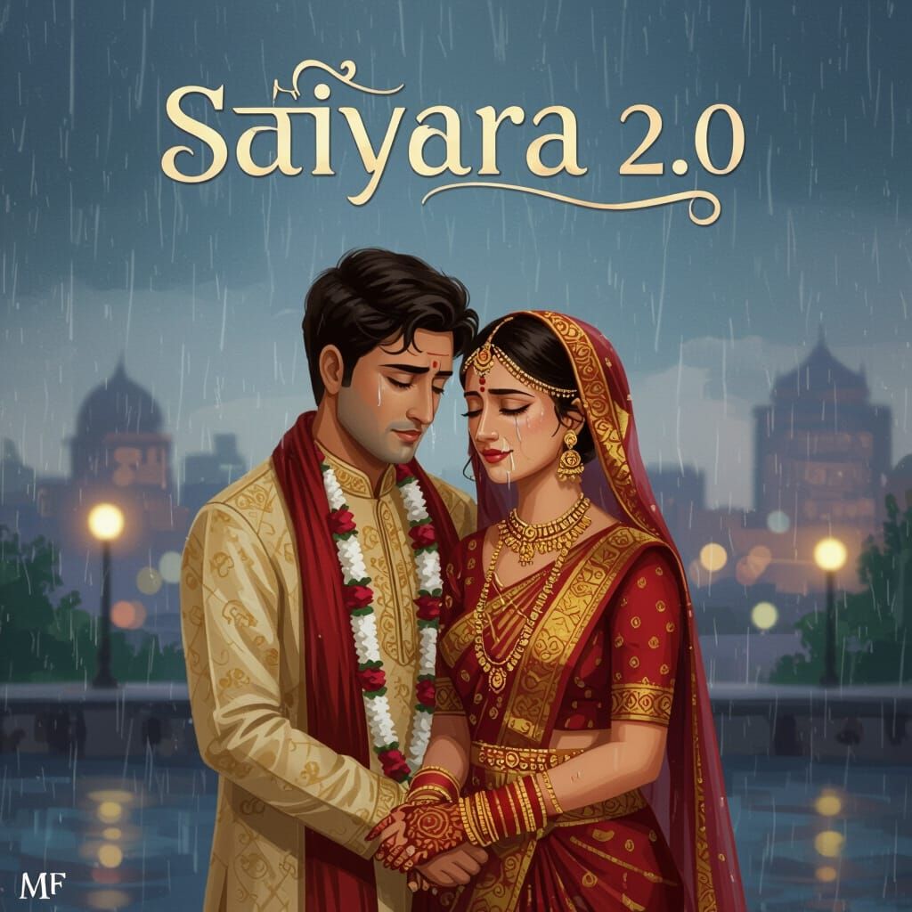 Melancholy Indian Couple in Rainy Cityscape Art
