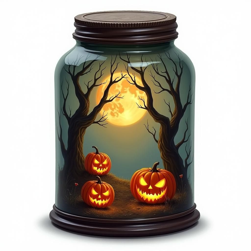 Halloween Scene Inside Jar as Realistic Oil Painting