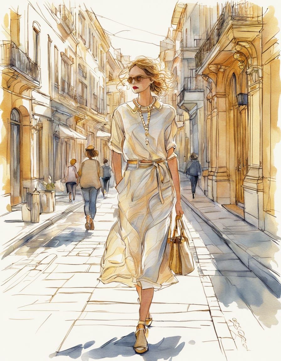 Elegant Woman on Fashion Street: Abstract Pencil Sketch