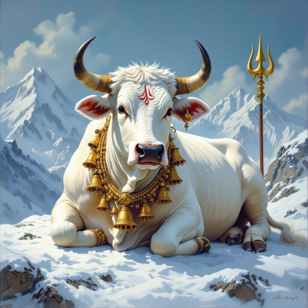 Majestic Nandi on Mount Kailasa in Raja Ravi Varma Style