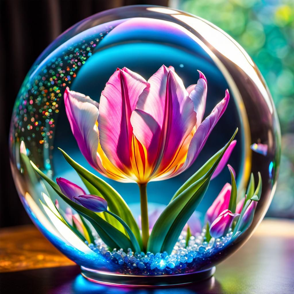Crystal Tulip in a Bubble, Hyperdetailed Digital Art