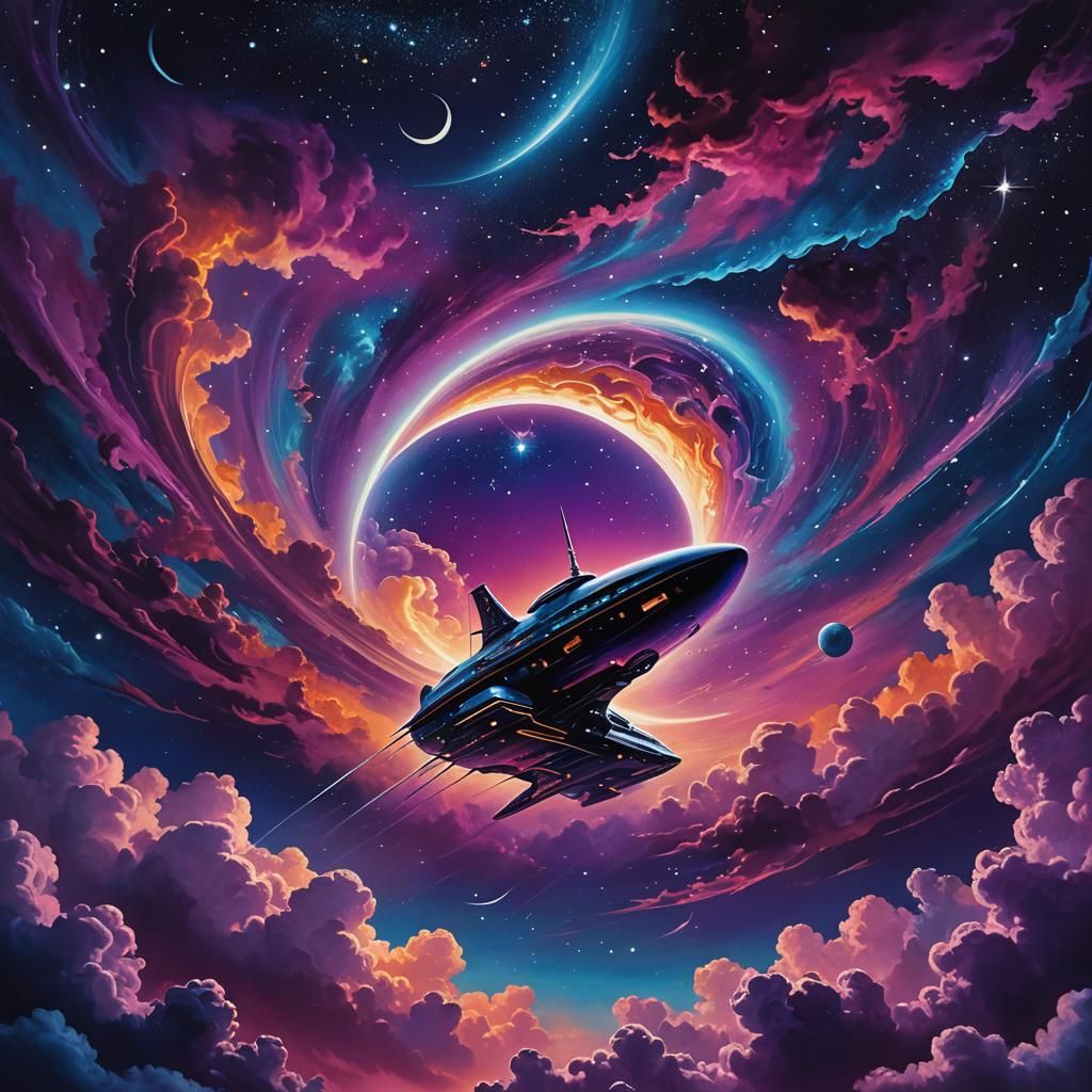 Spaceship in Surreal Starry Night Sky, Cinematic Art