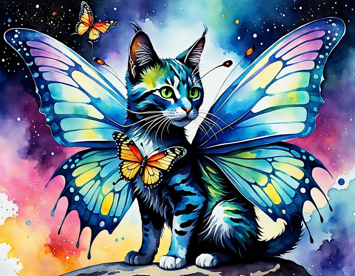 Spacecore Teslapunk Dragon-Cat with Butterfly Wings