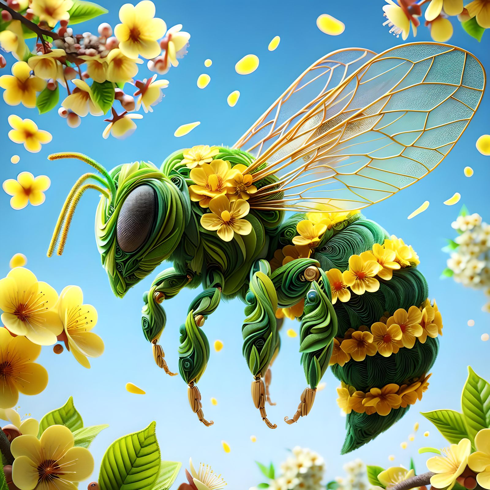Bee Constructed from Flowers in 3D Render