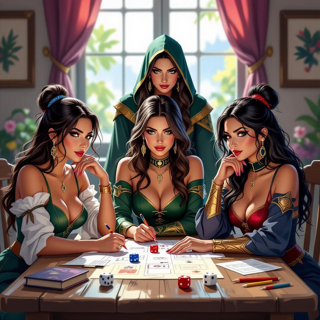 Women Playing Tabletop RPG in Fantasy Art Style