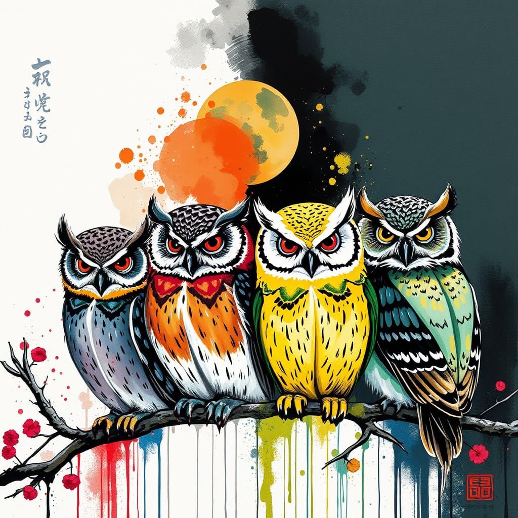 Four Seasons Owls in Japanese Ink Wash Style