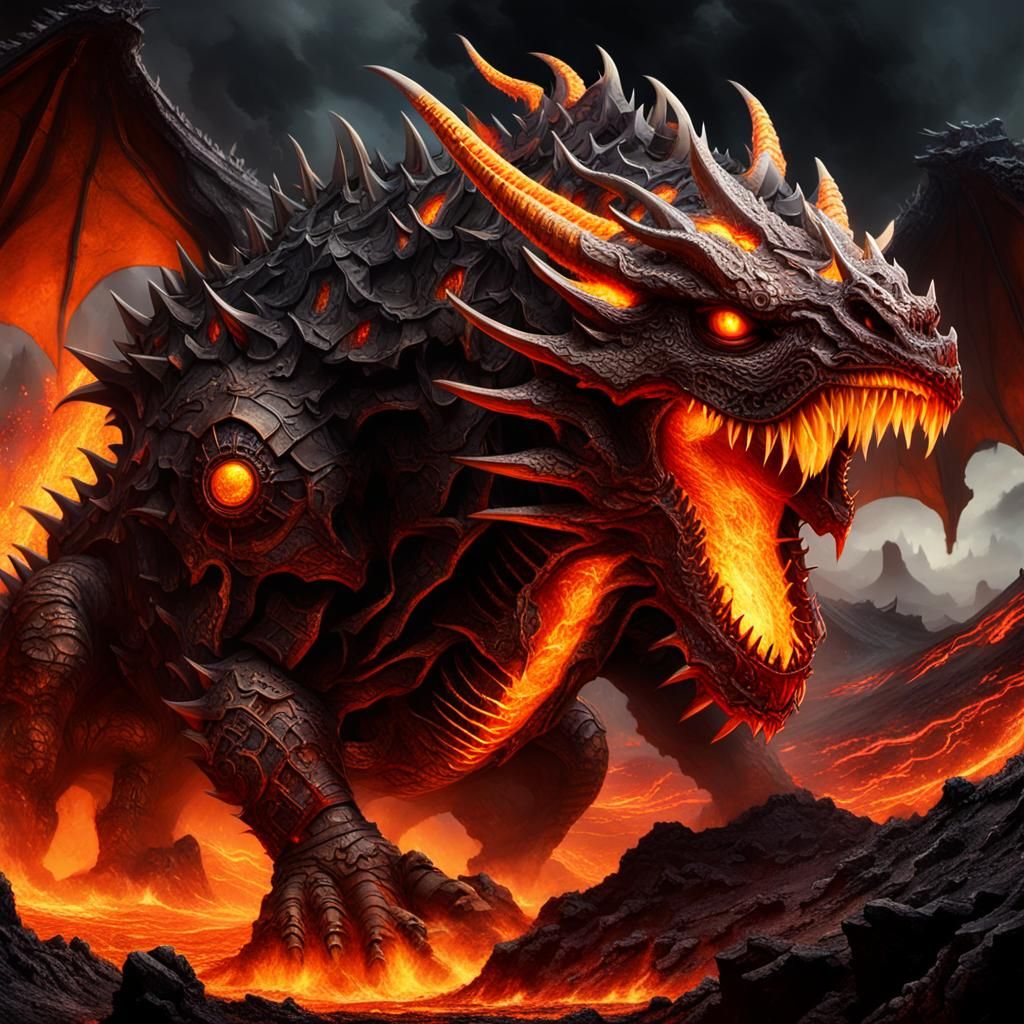 Epic Fantasy Dragon Machine Rising from Dark Volcano