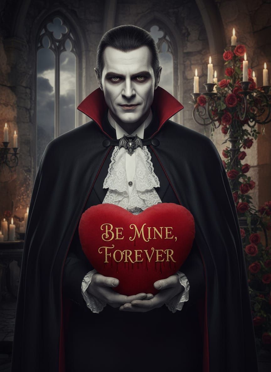 Dracula Holds Valentine's Heart in Half Body Portrait