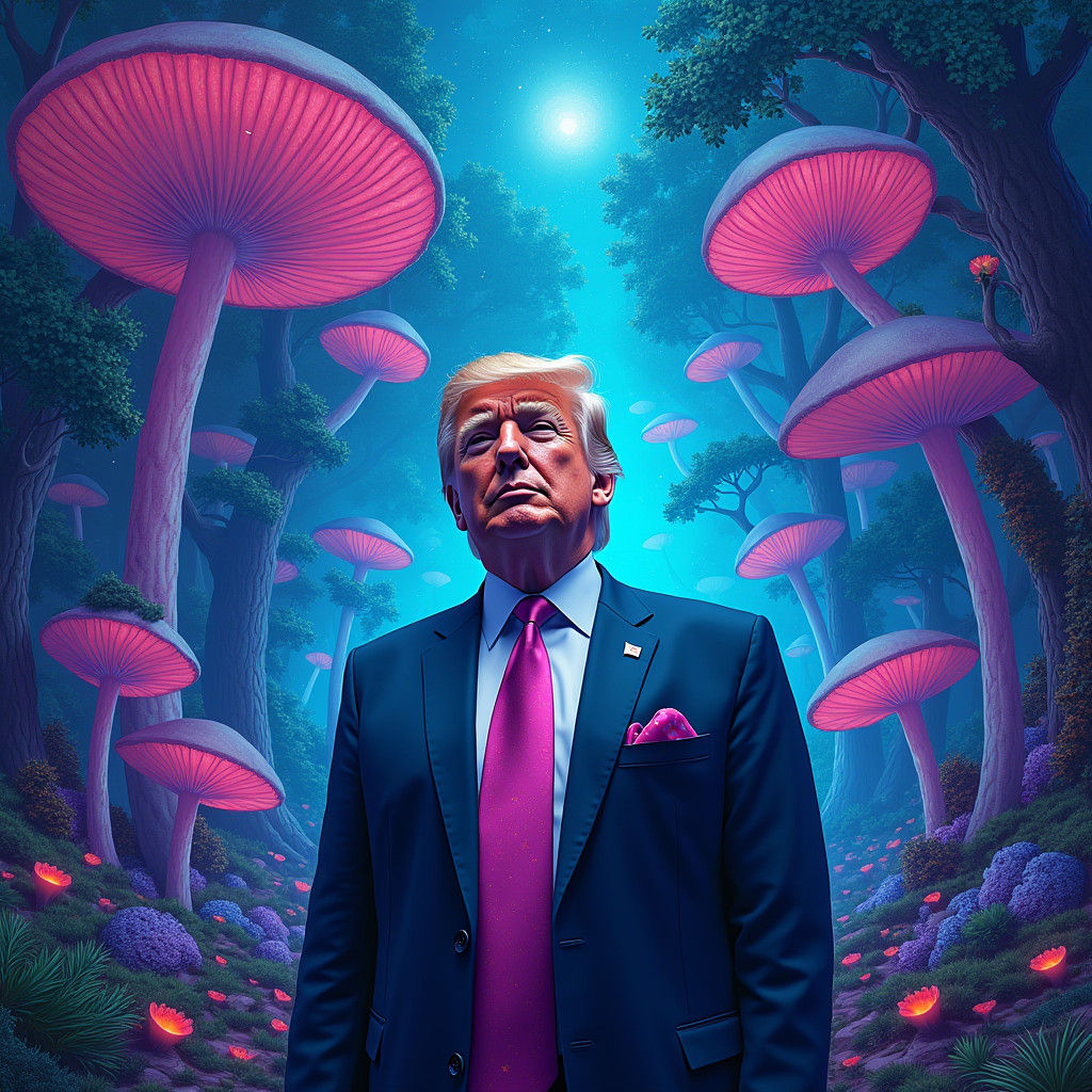 Trump in Psychedelic Neon Mushroom Forest