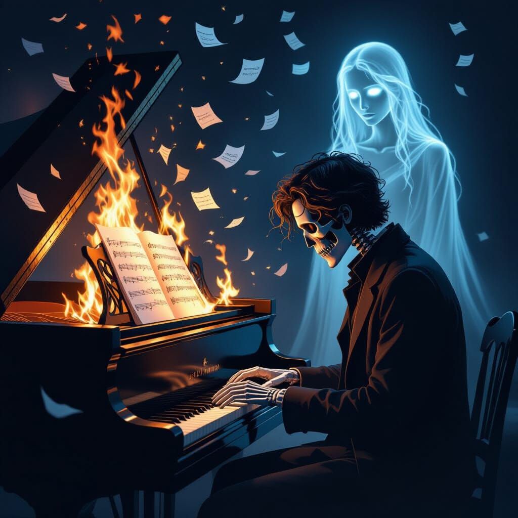 Composer's Regret: Flaming Piano and Unfinished Melody
