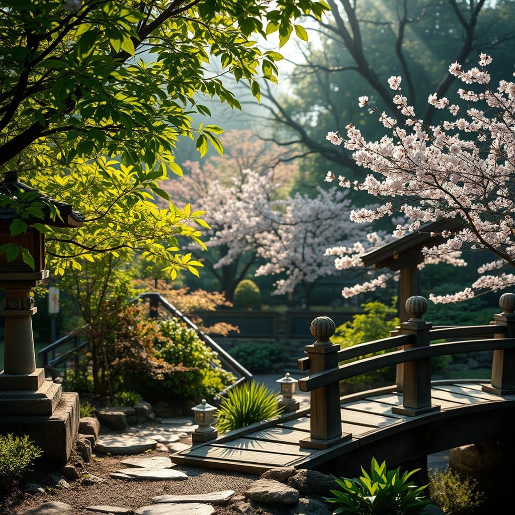 Serene Japanese Garden in Springtime Splendor