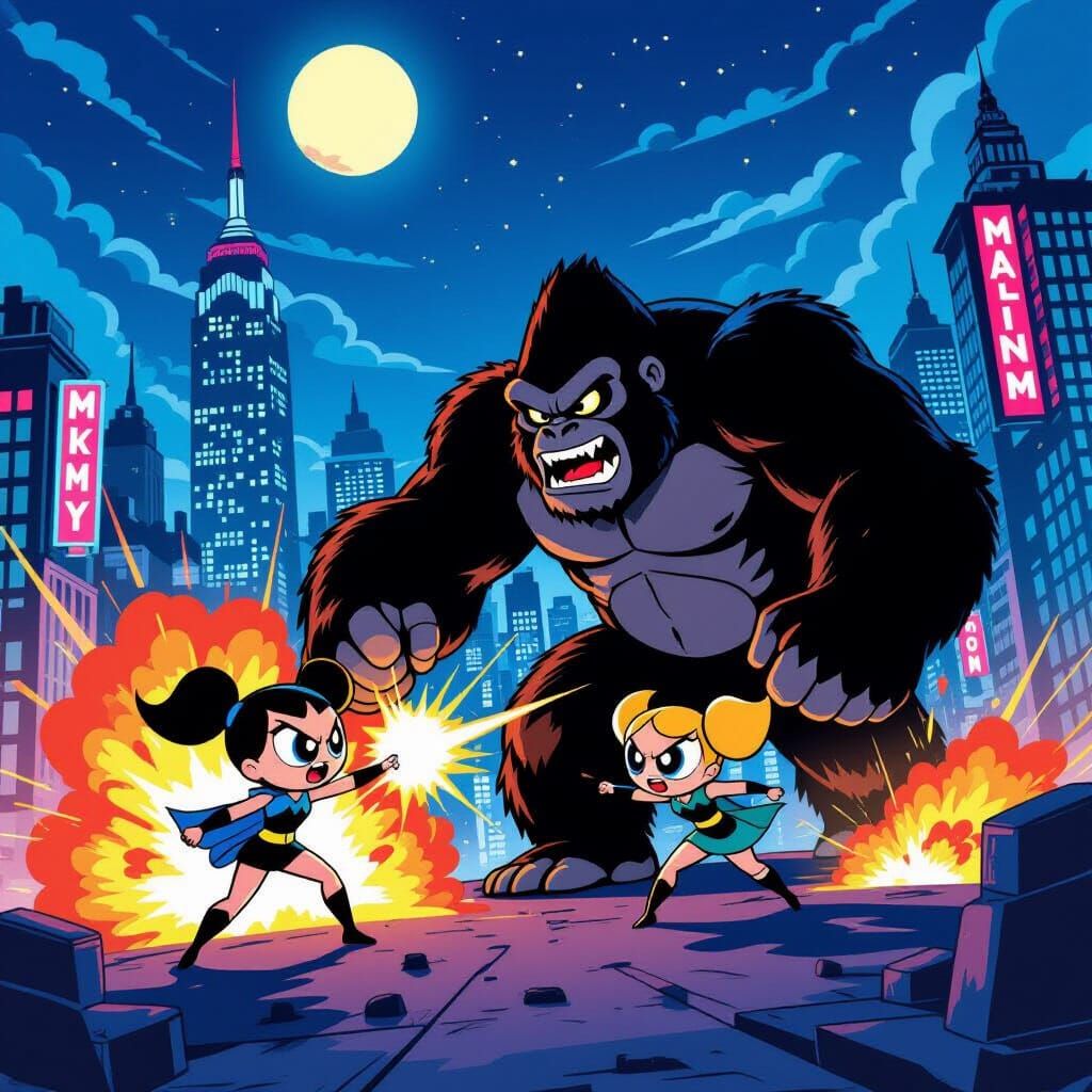 Powerpuff Girls Battle King Kong in Neon Metropolis