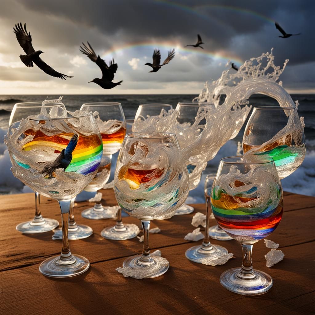 Wave Sculptures in Broken Glass with Bird and Rainbow