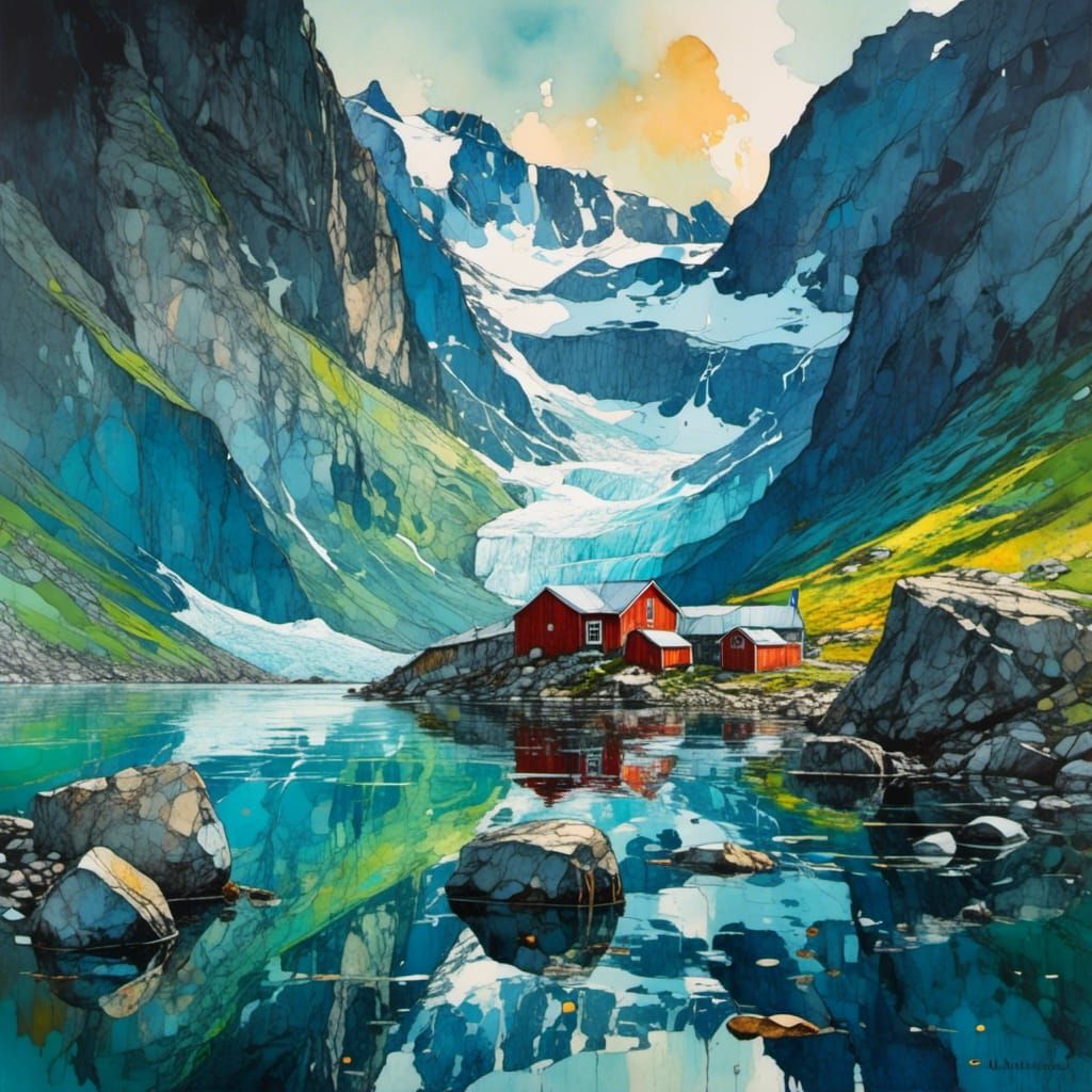Greenland Fjord Seiche Gouache Painting