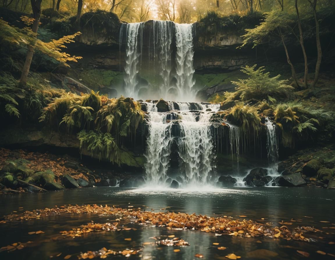 Cinematic Waterfall Scene at Golden Hour