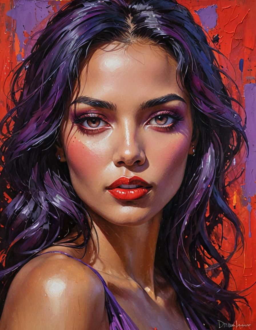 Captivating Impressionist Portrait in Red-Purple Hues