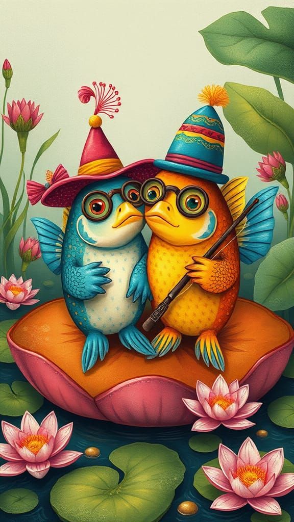 Whimsical Fish Duo Fishing on Lily Pad