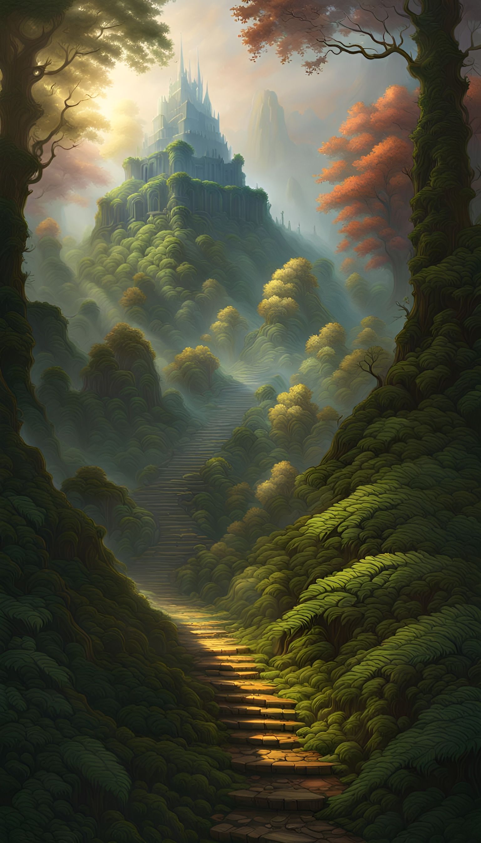 Ethereal Forest Path to Ziggurat, Fantasy Art