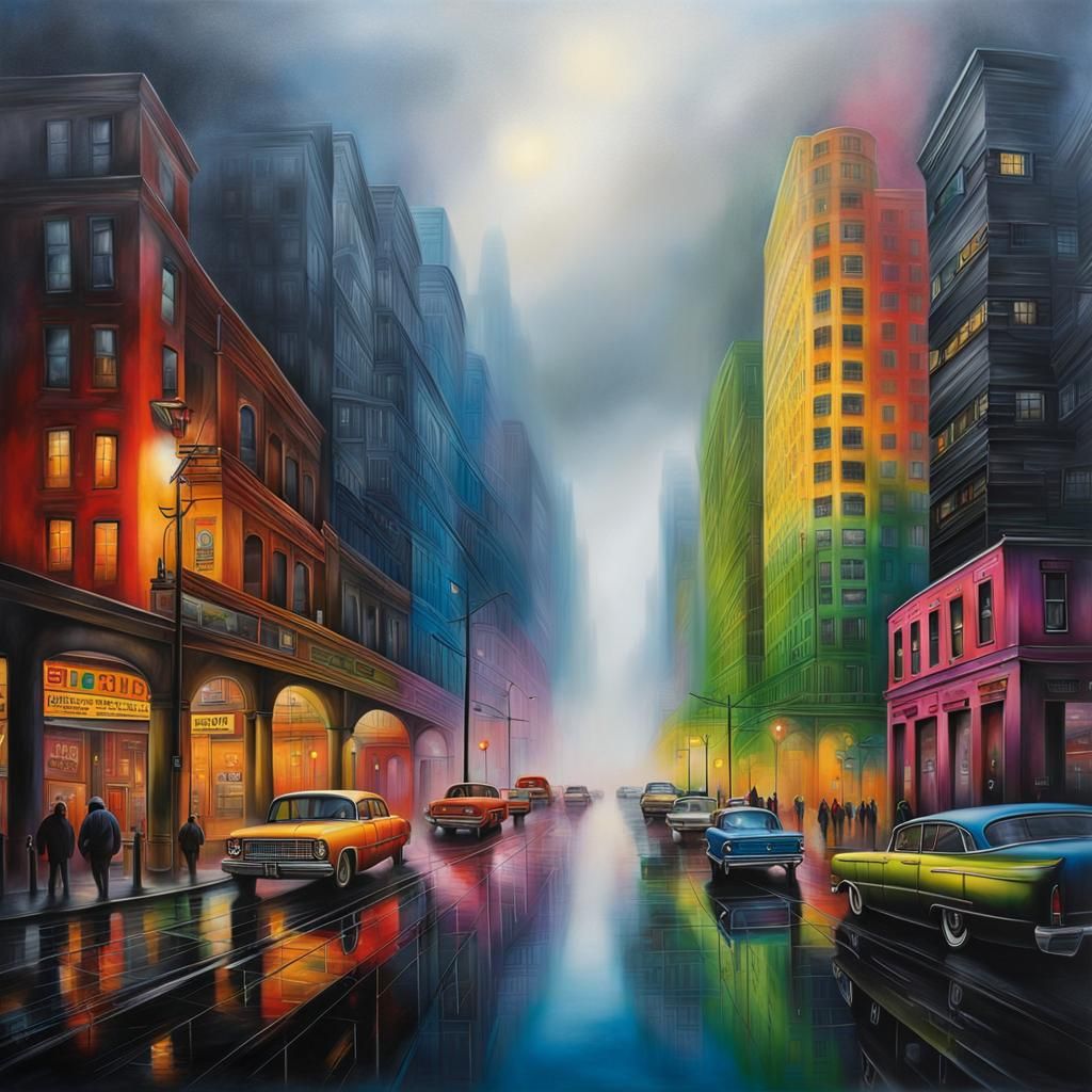 Colorful and Detailed Urban Cityscape in Airbrush Style
