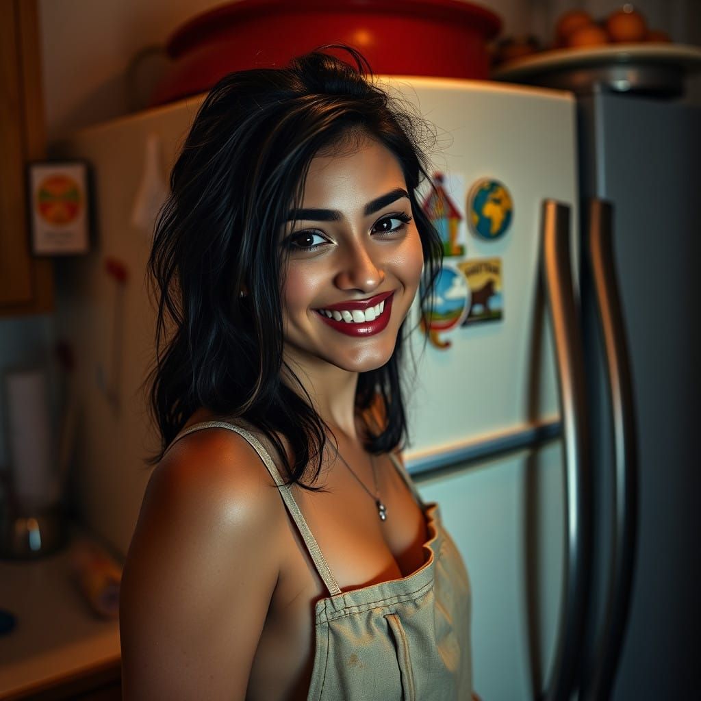 Radiant Latina Woman in Cozy Kitchen at Night