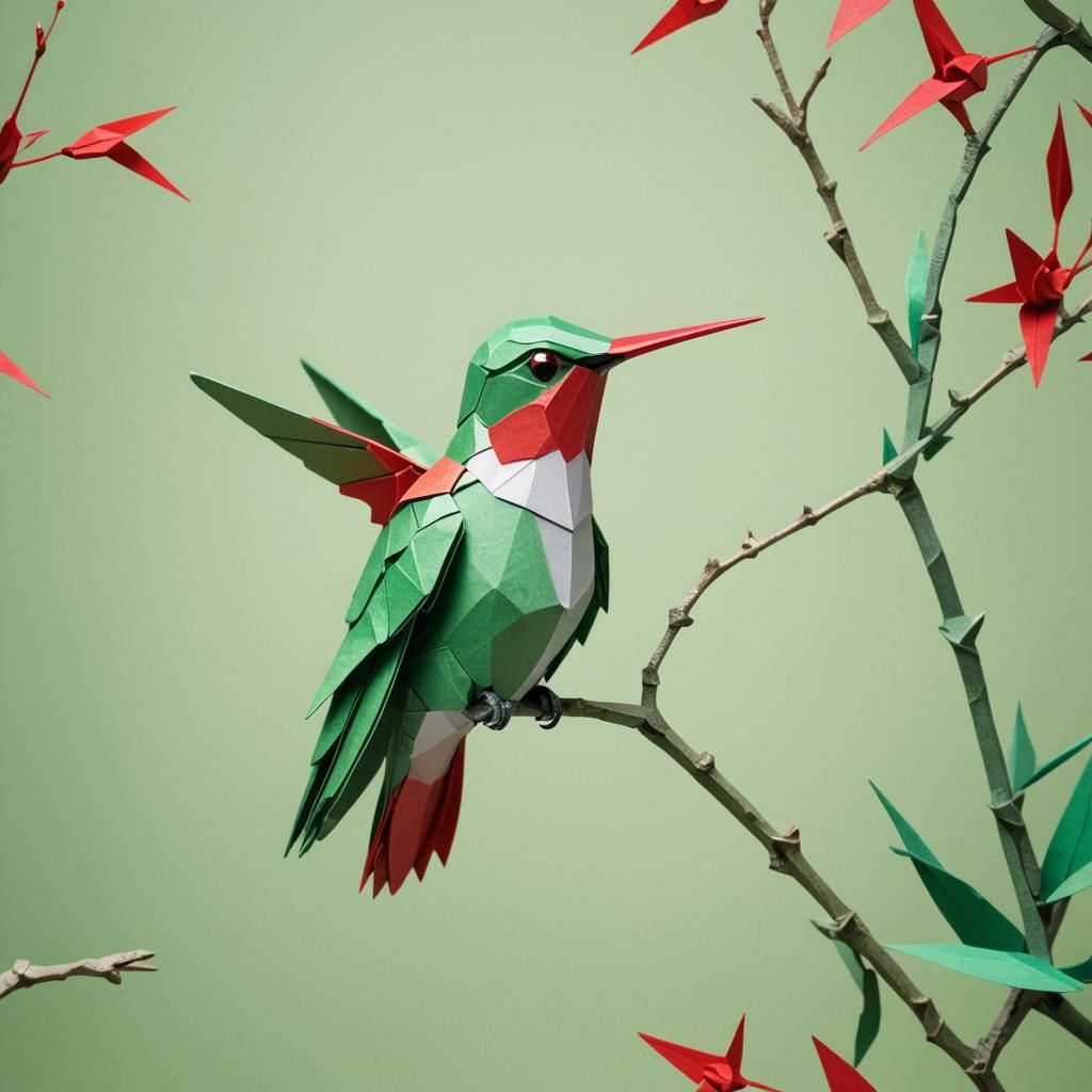 Green and Red Origami Hummingbird Close-up