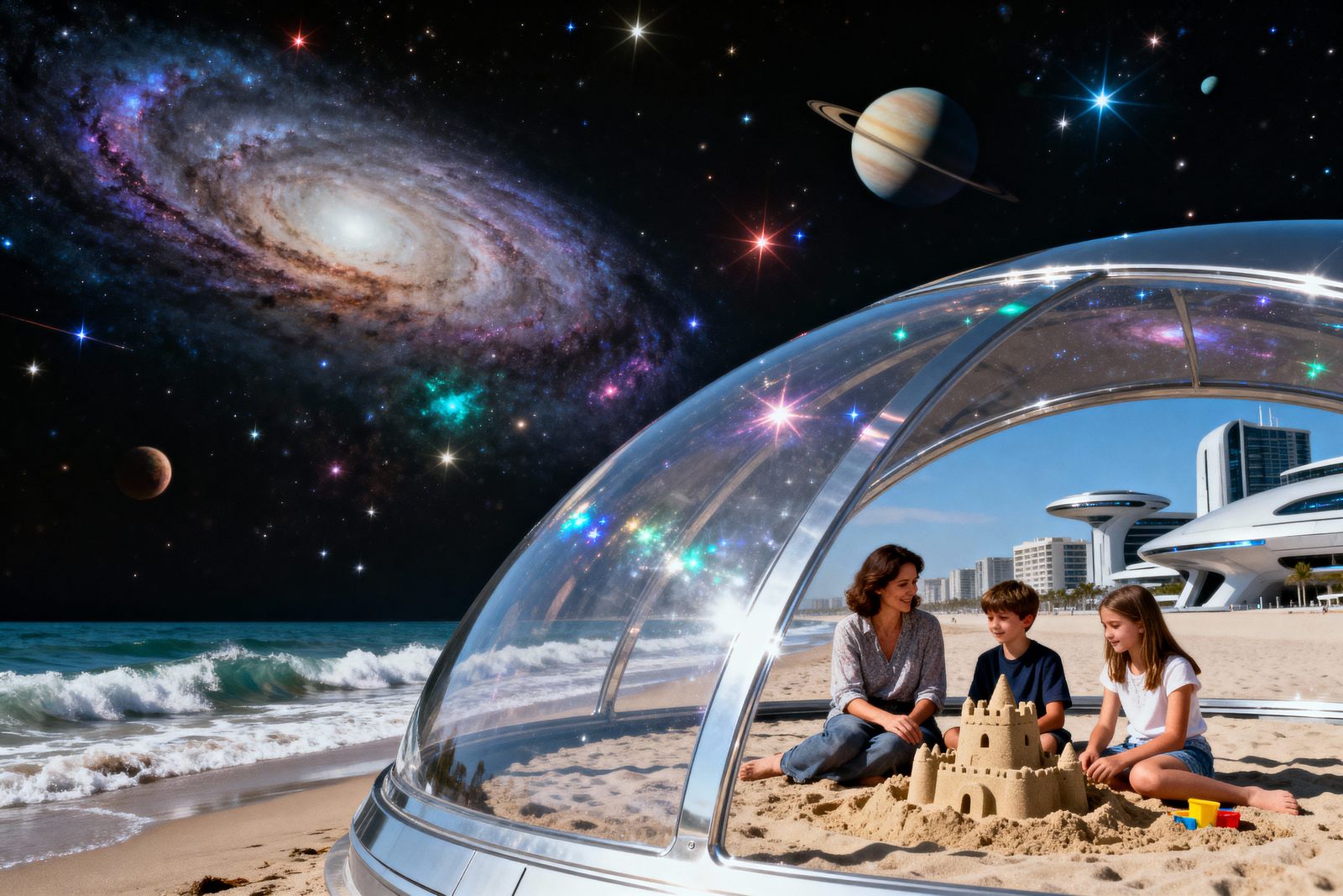 Family Photo Inside Space Ark With Beach and Cosmic Views