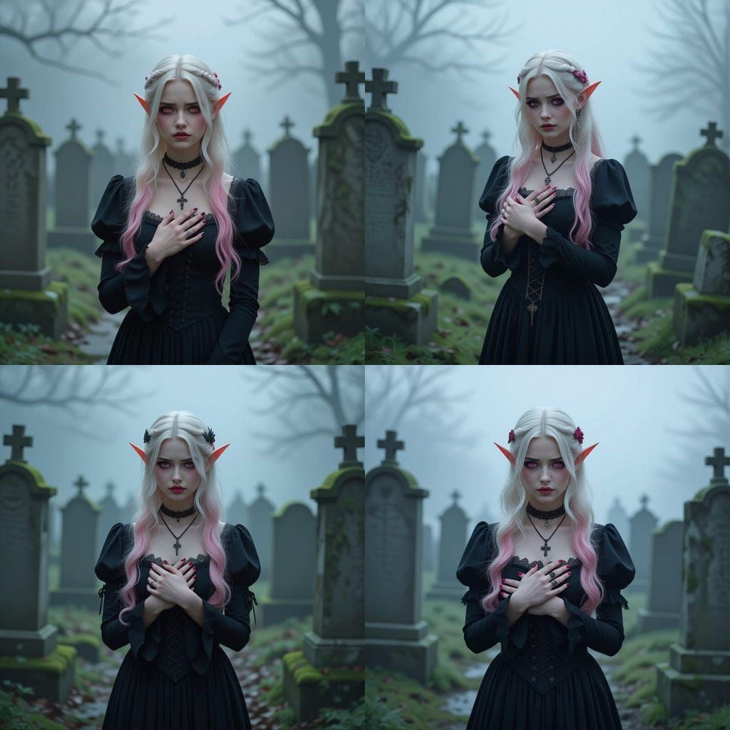Gothic Elf Woman Mourns in Foggy Graveyard