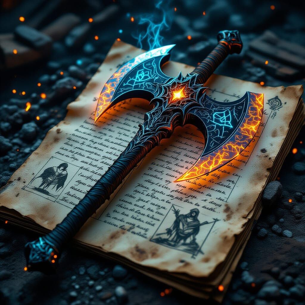 Mystical Battle Axe on Ancient Manuscript