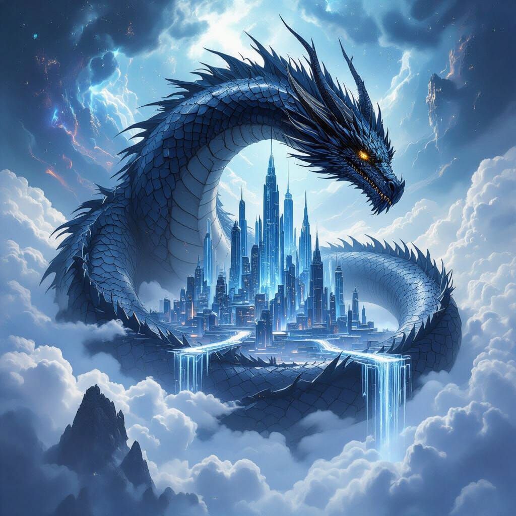 Ancient Dragon Guarding Futuristic Cloud City