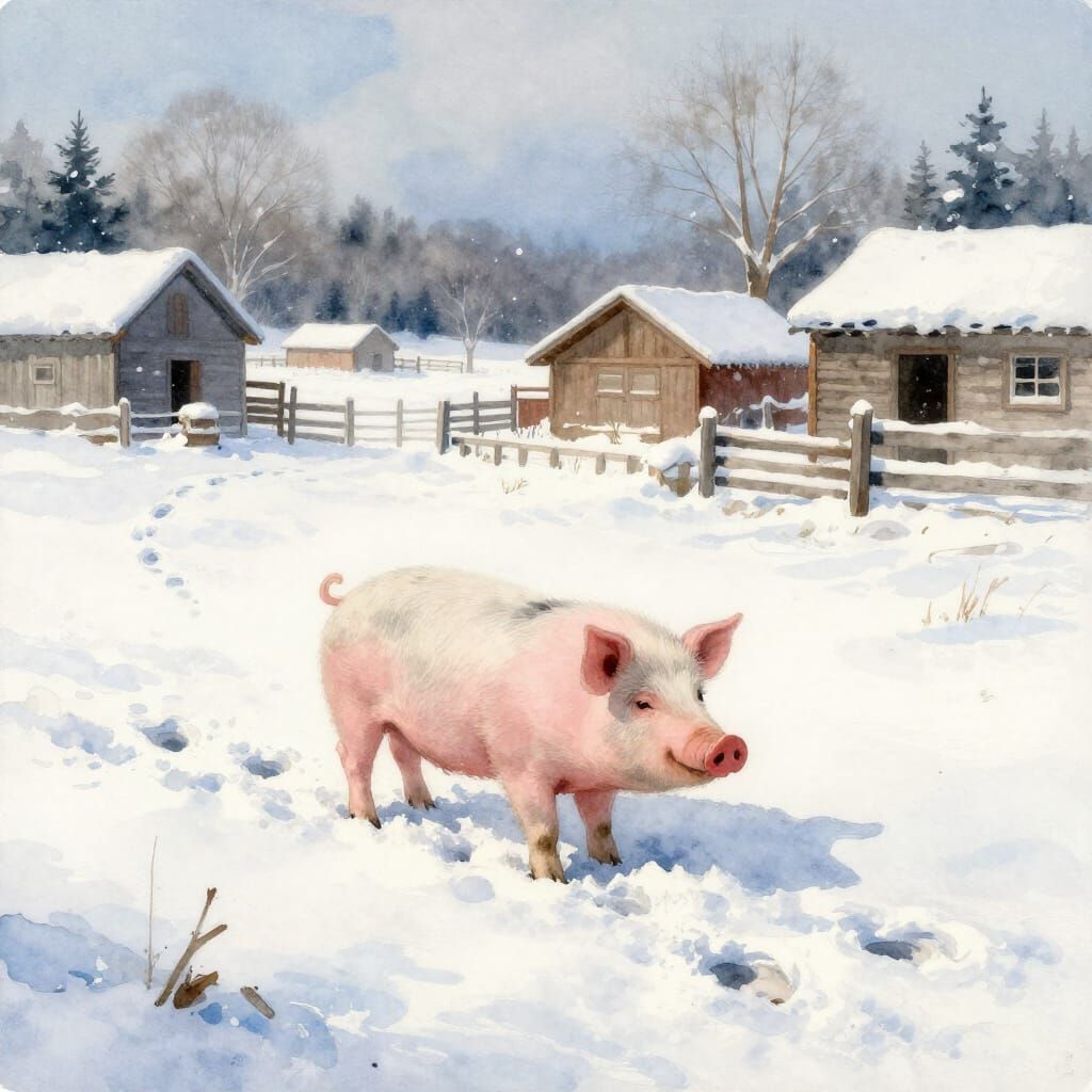 Charming Watercolor Pig Tracks in Fresh Snow