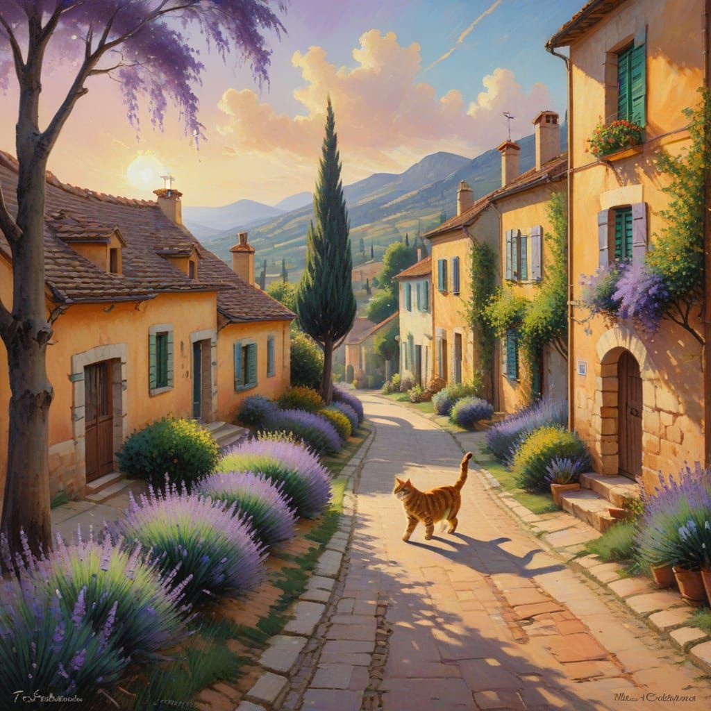 Cat in Provençal Village Street: Impressionist Oil Painting