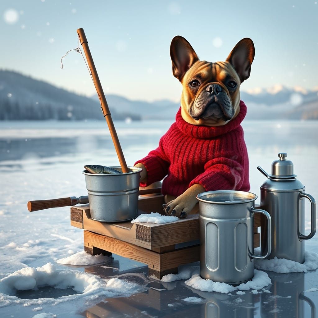 Winter Wonderland with a French Bulldog Ice Fisher