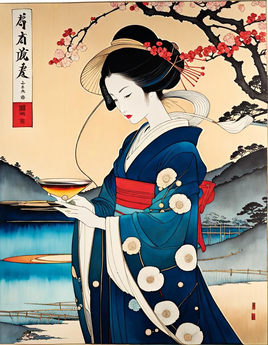 Geisha in Ukiyo-e Style with Alcohol Ink Wash