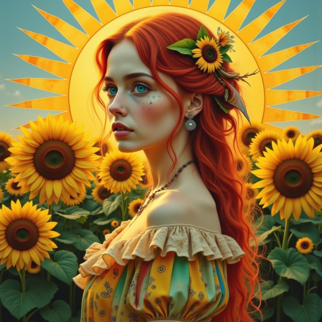 Surreal Renaissance Lady in Sunflower Field Collage