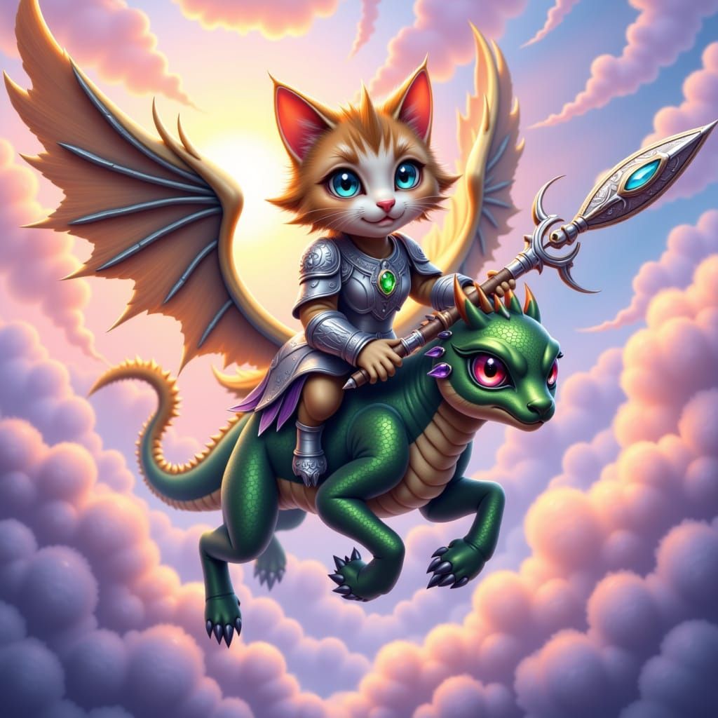 Cat Warrior on Winged Mount in Dramatic Sky