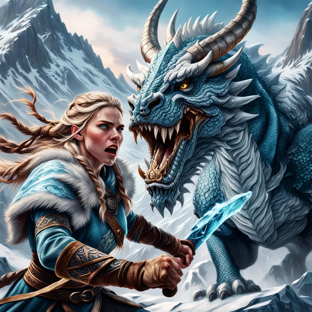 Viking Woman Battles Ice Dragon in Snowy Mountains