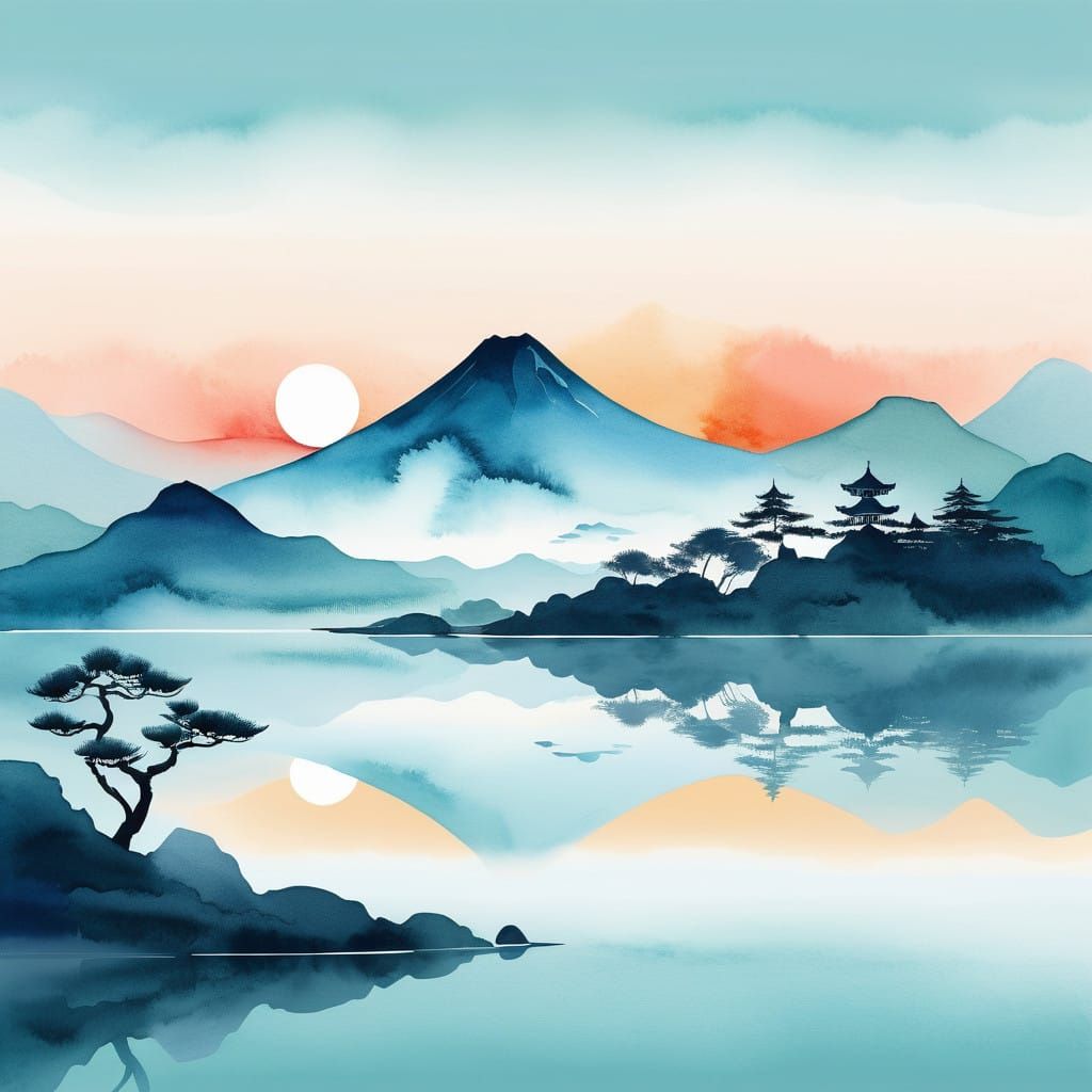 Serene Watercolor Chinese Landscape in Zen Style