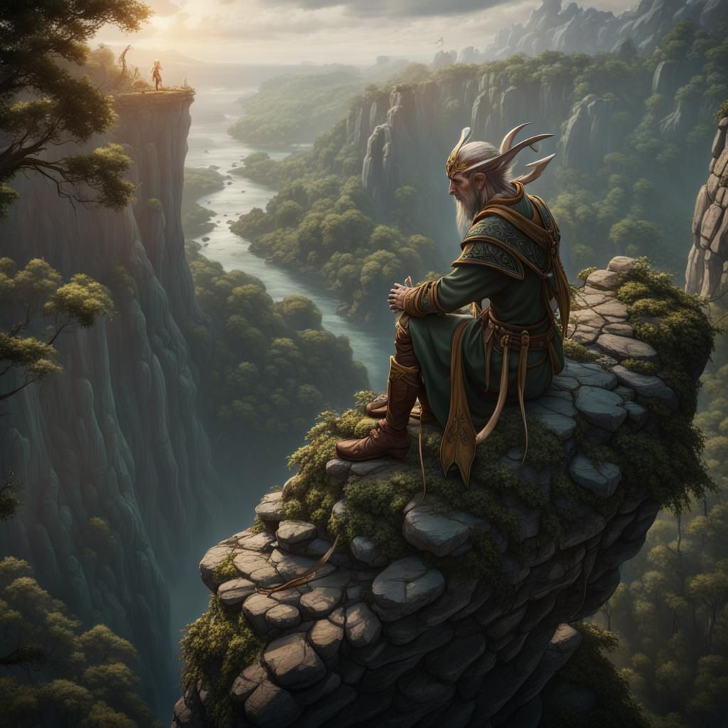 Wood Elf Druid on Cliff: Fantasy Concept Art