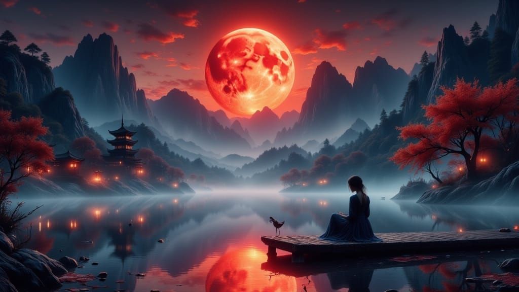 Surreal Asian Landscape with Glowing Moon