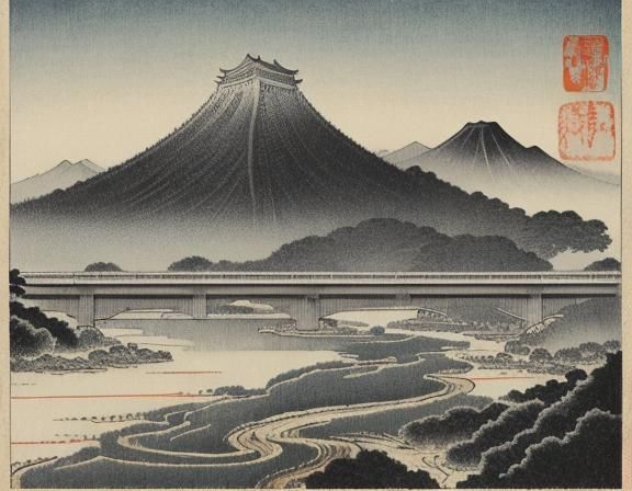 Japanese Misty River Scene in Shin-Hanga Style