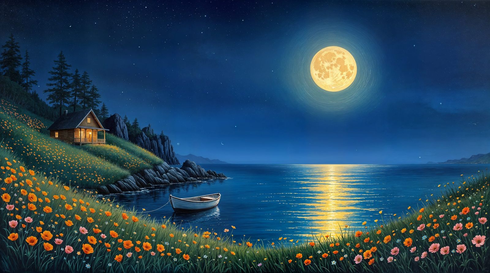 Impressionistic Coastal Scene Under Full Moon