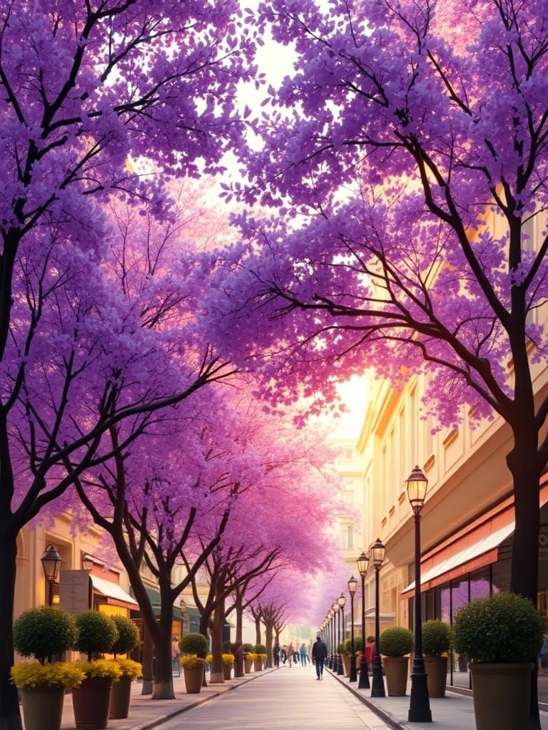 Parisian Street with Jacaranda Trees in Art Nouveau Style