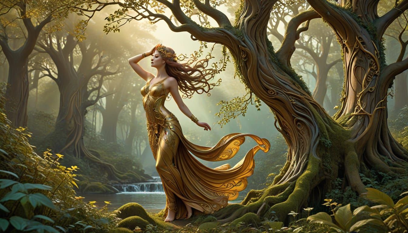 Art Nouveau Dryad Emerging from Ancient Tree