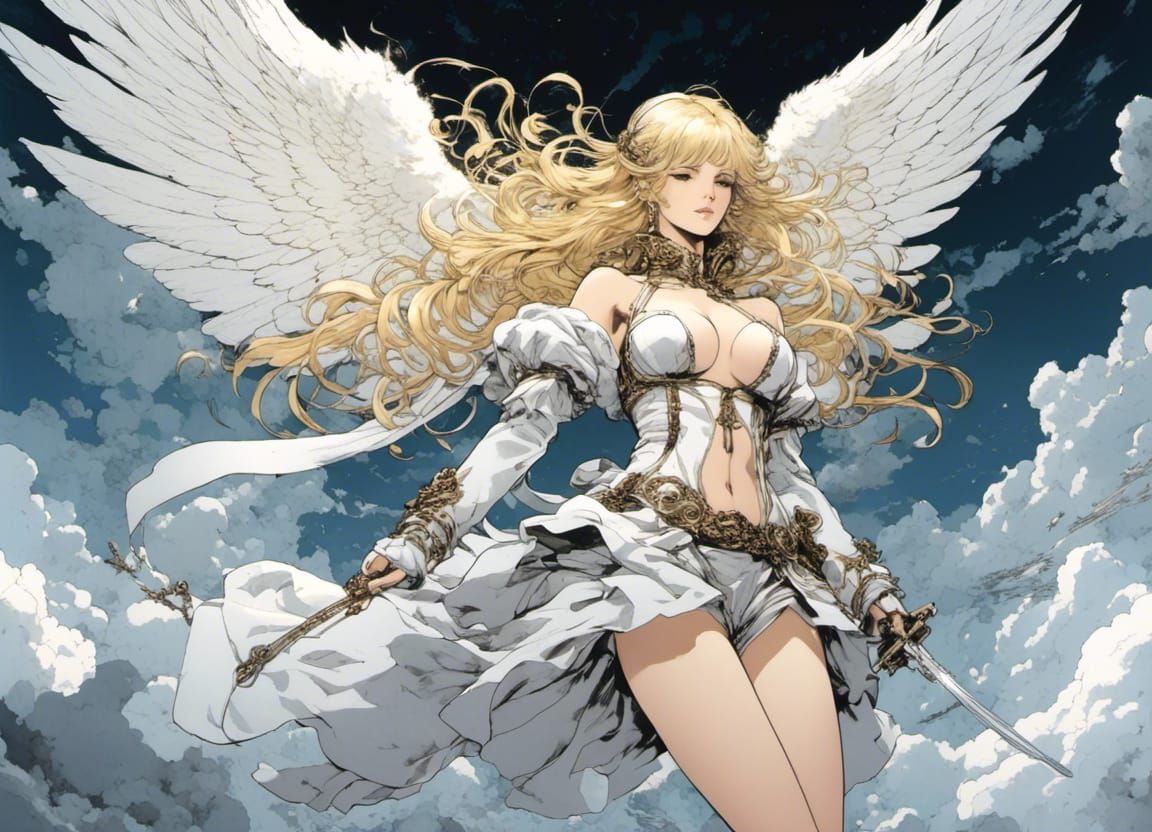Seductive Blond Angel Girl Portrait on Clouds