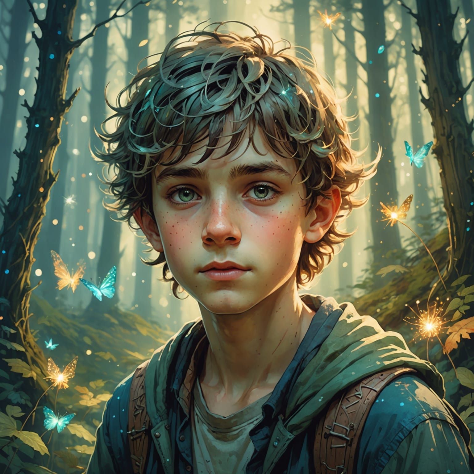 Beautiful Fairy Boy Portrait in Enchanted Forest