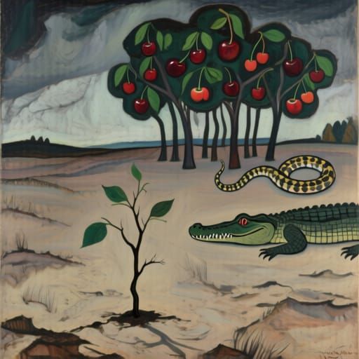 Barren Landscape with Sapling and Stylized Cherry Trees