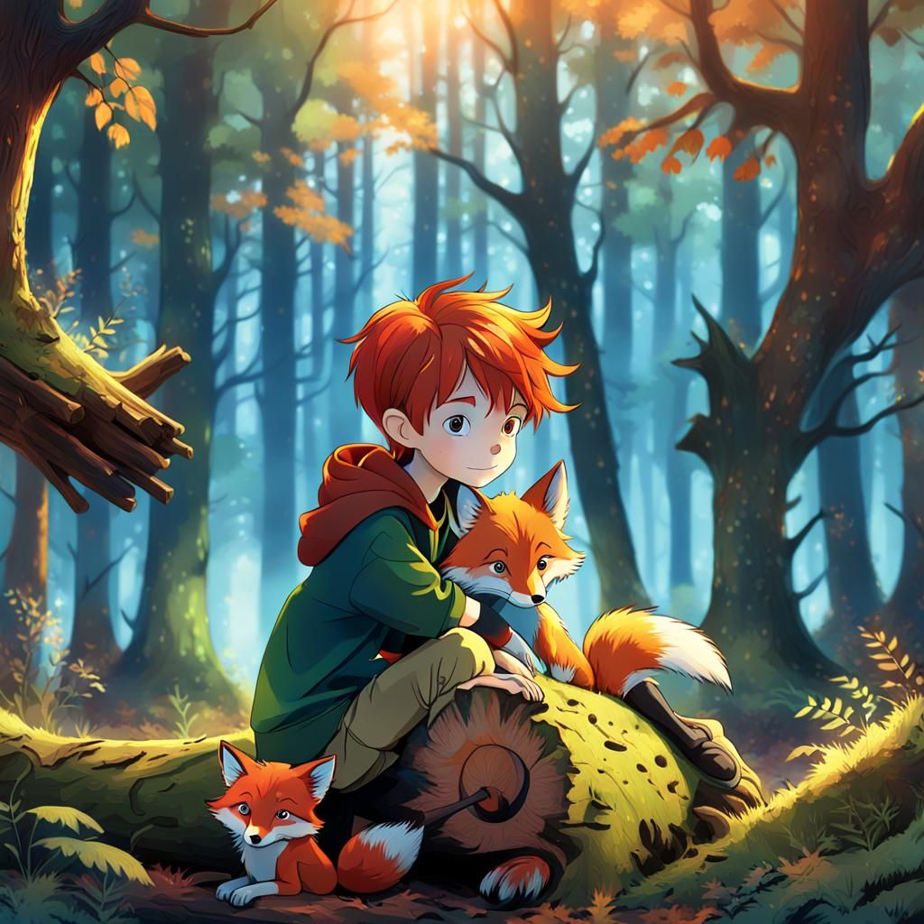 Boy and Fox in Mystical Forest Concept Art