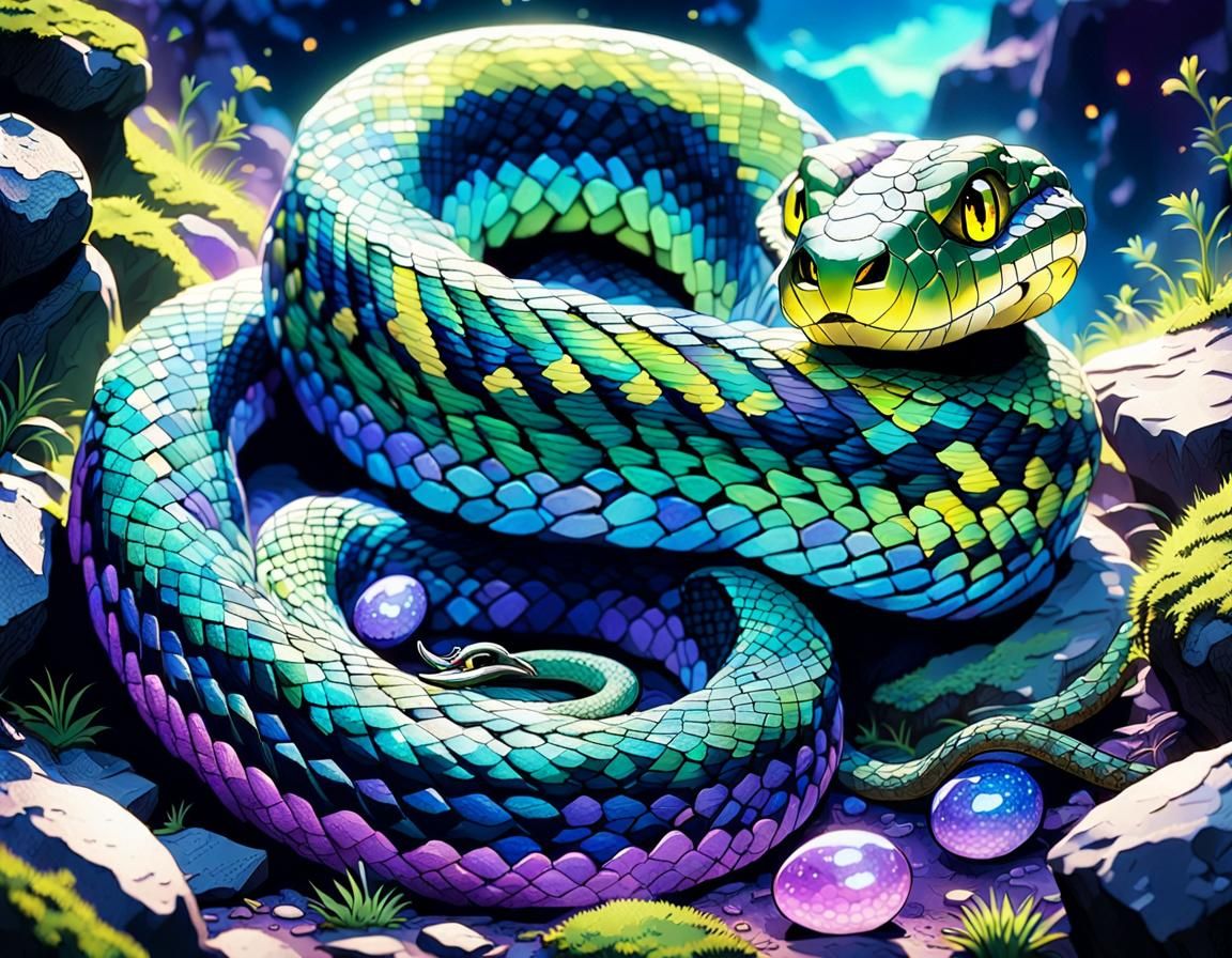 Iridescent Snake Protecting Eggs, Cinematic Still