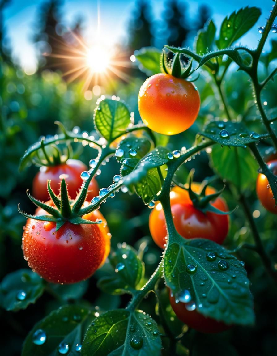 Dew-Kissed Cherry Tomatoes in Bioluminescent Forest