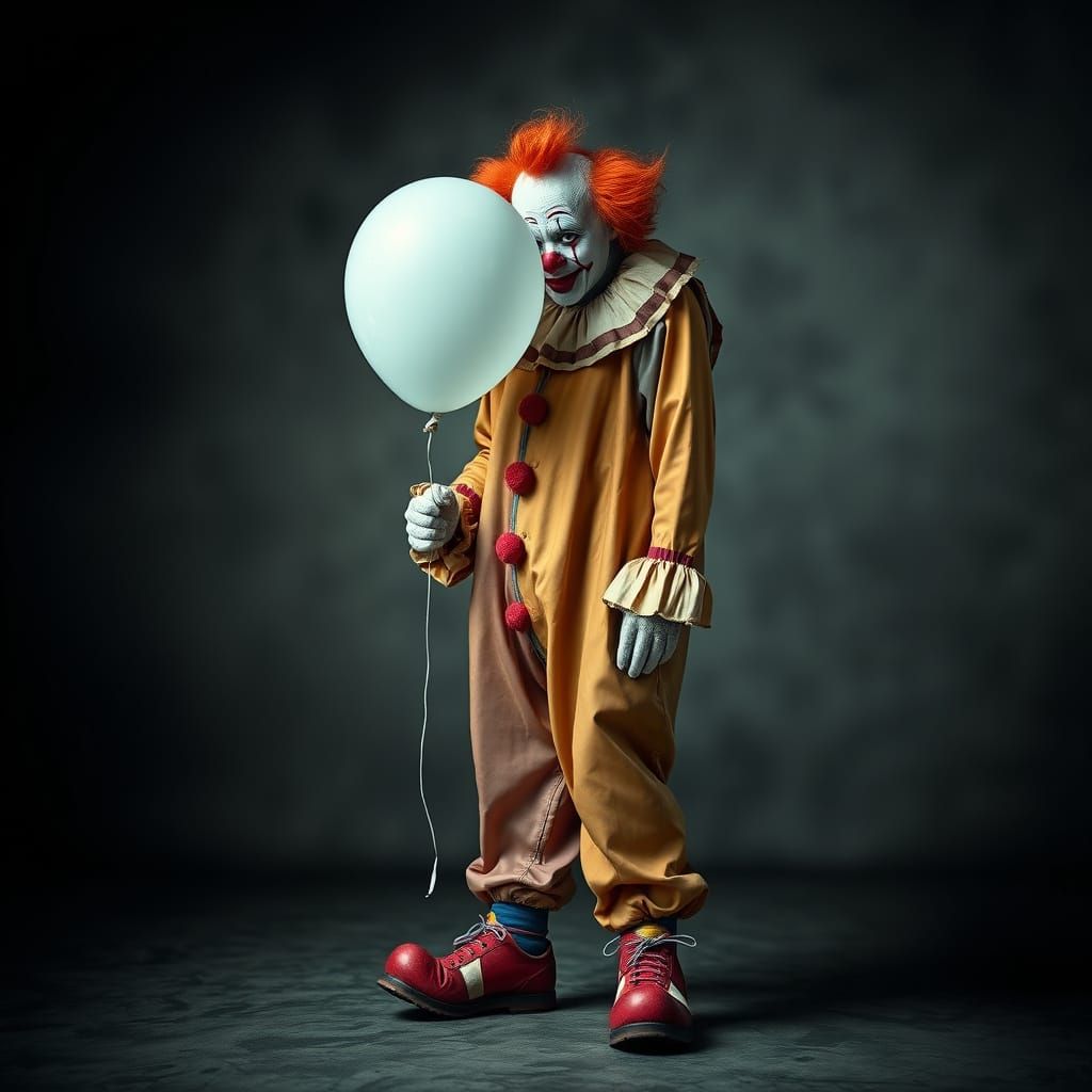 Melancholic Clown with Deflated Balloon: Portrait Photograph...
